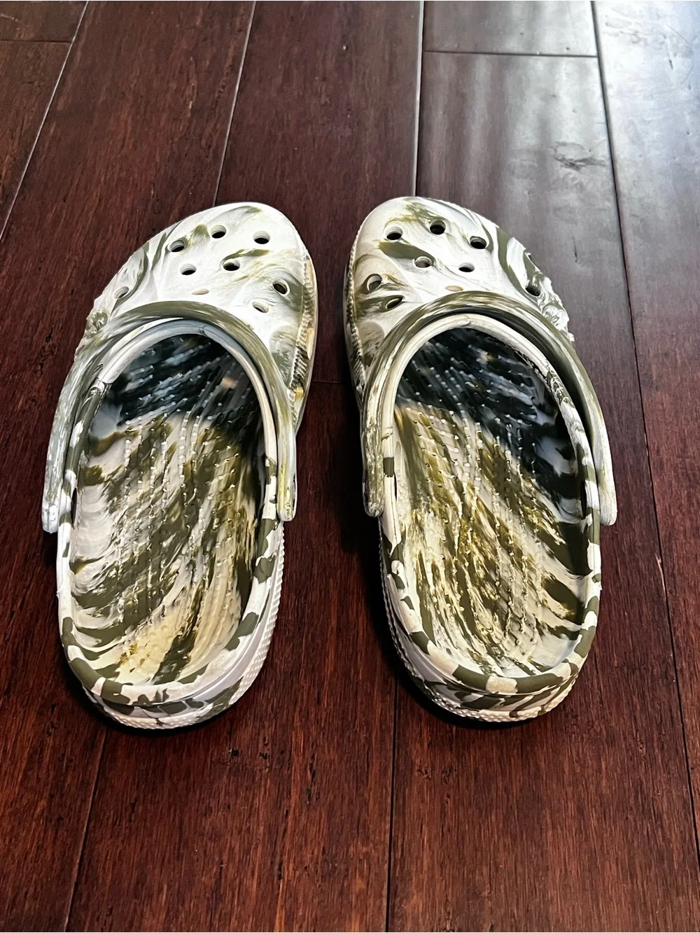 CROCS Marble White and Olive Green Classic Clog, See Pic For Imperfections
